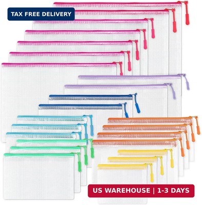 24 Pcs Mesh Zipper Pouch Bags, Plastic Zipper Pouches for Classroom in 8 Sizes,