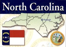 North Carolina State Map Flag & Seal Postcard Continental Raleigh Charlotte