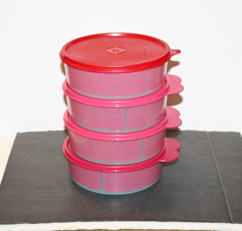 4 Tupperwawre #3673 Wonder Bowls Red Seashell Pattern w/Lids