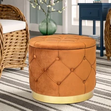 Adeco Round Velvet Multi-Function Vanity Footstool Storage Orange Medium