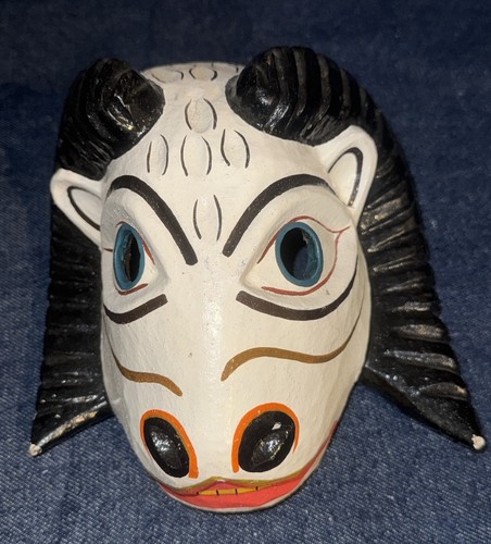 Vintage Unique hand carved painted wooden Ram mask Traditional Folk Art Horns