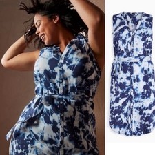 Torrid Blue White Tie Dye Sleeveless Button Down Shirt Dress Belted Size 00X