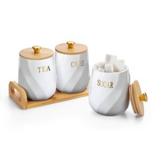 3 PCS White Ceramic Canister Set, Lids, Handle Tray, Sugar, Coffee, Tea Jars