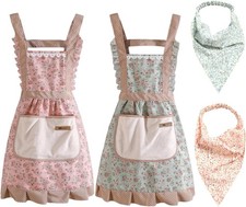 Image of 2 Pcs Ladies Aprons with Pocket, Adjustable Vintage Floral Kitchen Apron... 