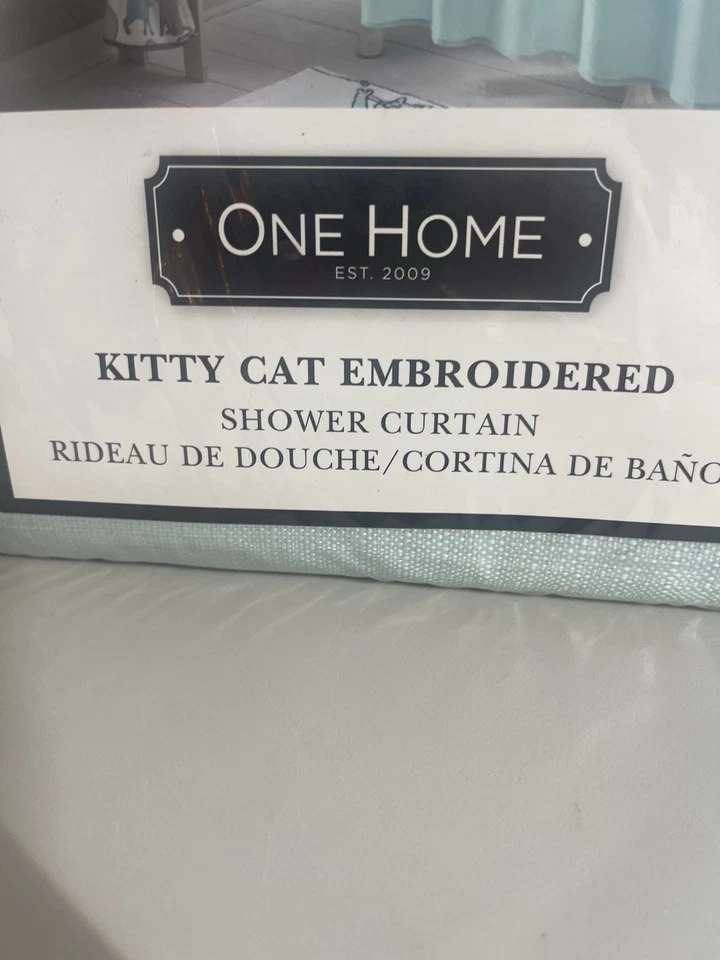 $50 Kitty Cat Embroidered Fabric Shower Curtain White And Aqua One Home 70”x72” - Image 2 of 4