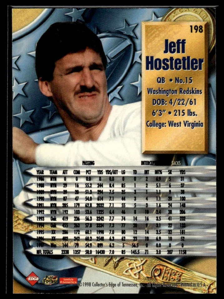 1998 Collector's Edge Supreme Season Review #198 Jeff Hostetler - Image 2 of 2