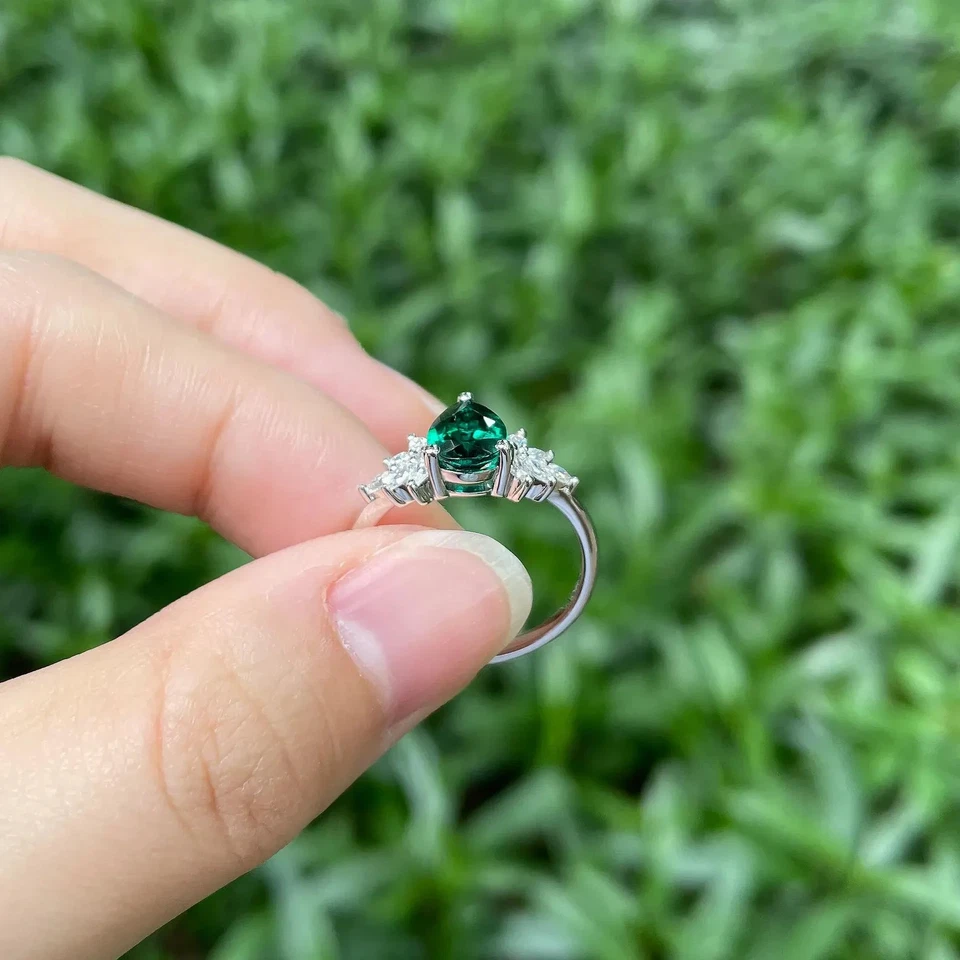 7.50Ct Natural Pear Emerald Gemstone Diamond Ring 14K Real White Gold Size 5 6 7 - Image 4 of 4