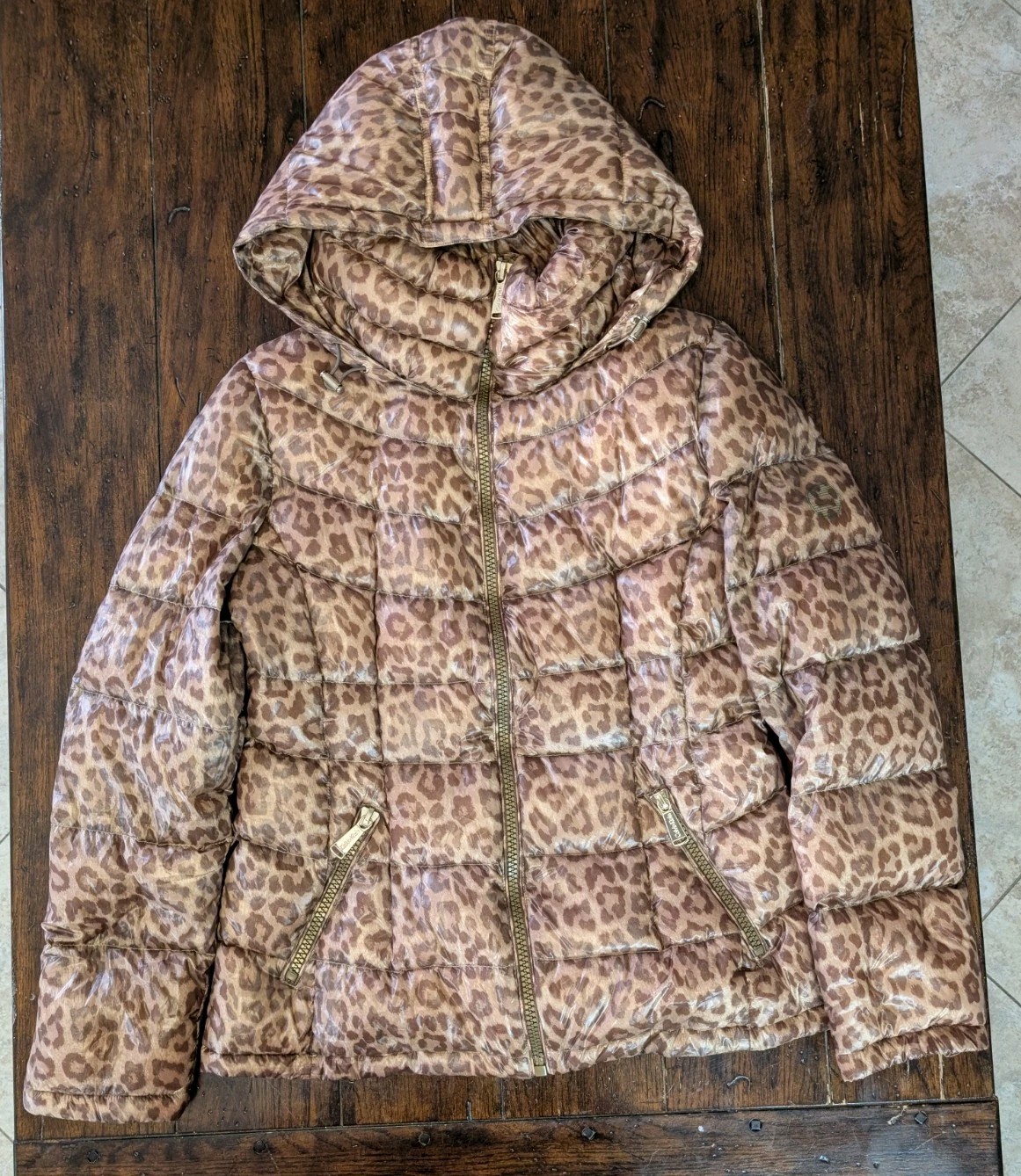 Calvin Klein Leopard Print Packable Down Puffer Jacket Women’s M Hooded Coat
