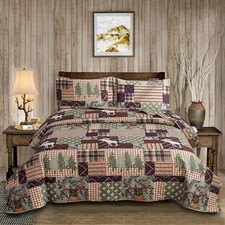 3-Piece Moose Pine Tree Reversible Quilt Set, Checked Color Stripe Rustic Home L