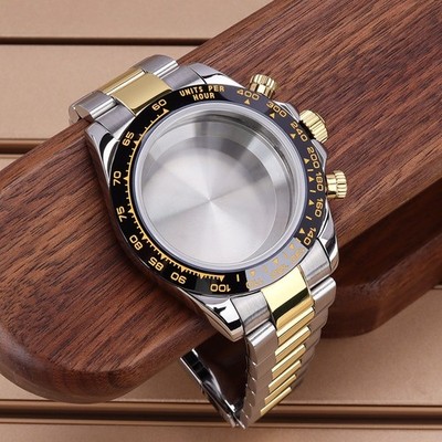39mm Uhrengehäuse + Strap Saphirglas Fester Keramikring für Seiko VK63 Uhrwerk