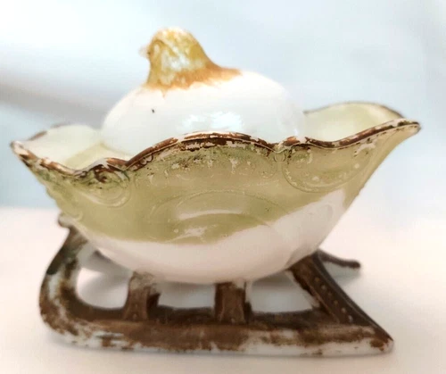 Antique Milk Glass Candy Dish Chicken on Sled, Gold Green Goofus Glass Painted