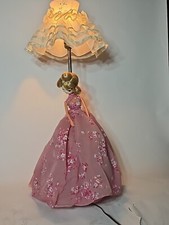 1960s 12" Doll 19" Table Lamp Pink Formal Dress Ruffled Lace Shade Brass Base