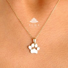 14K Gold Paw Print Necklace, Dog Paw Pendant Necklace, Engraved Pet Paw Print