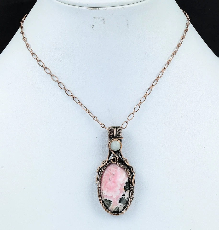 Piedras preciosas de rodocrosita hecho a mano piedra lunar recortadora alambre envuelto colgante de diseñador Foto 4 de 4