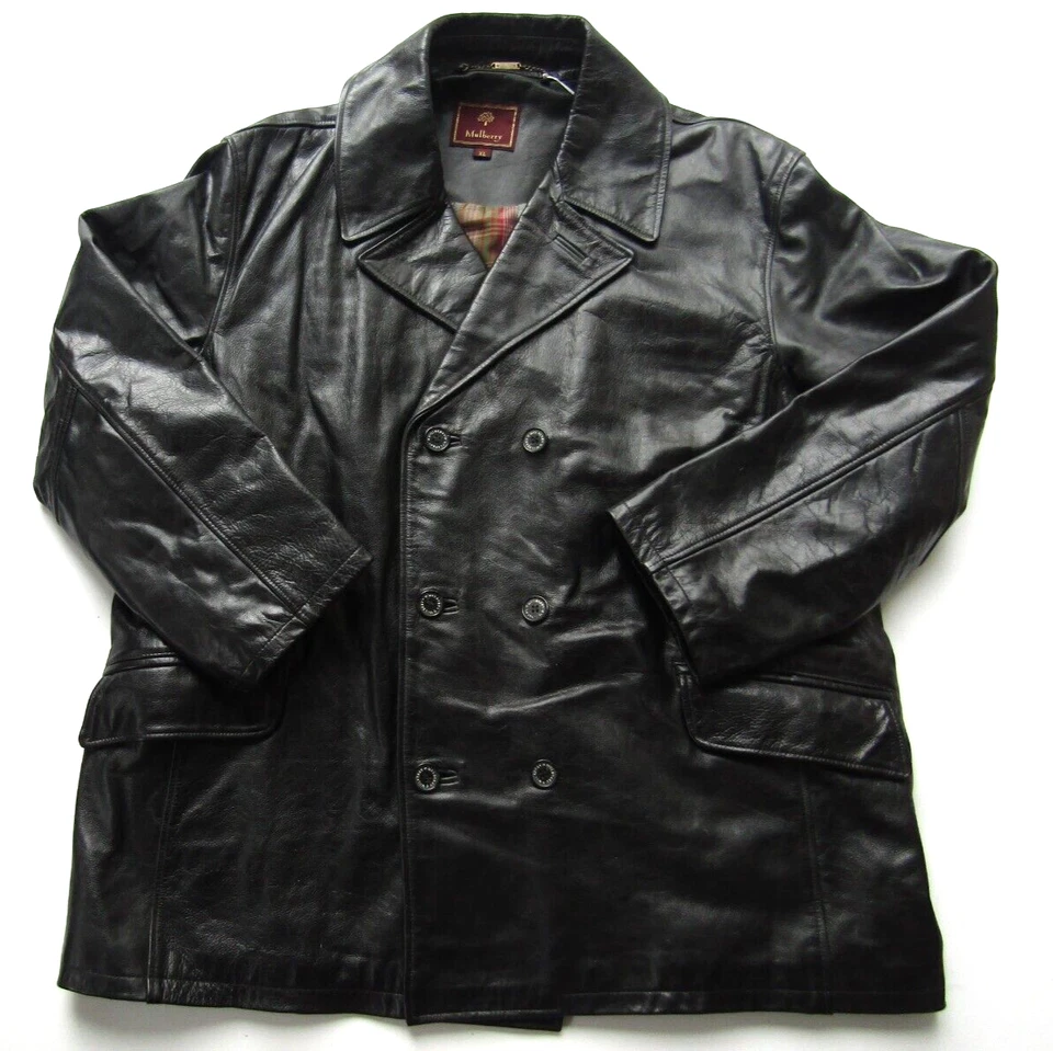 Mulberry Hombre Doble Botonadura Cuero Chaqueta XL Negro LJKTC210 Foto 2 de 4
