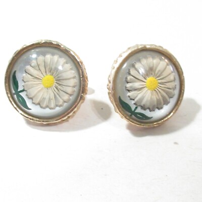 Signed Accessocraft NYC Glass W Sunflower Embedded Vintage Earrings Screw Back