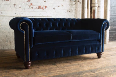 TRADITIONAL HANDMADE 3 SEATER PLUSH NAVY BLUE VELVET CHESTERFIELD SOFA