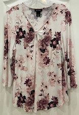 Nue Options Womens Pullover Blouse Size L White Pink 3/4 Sleeve Keyhole 91