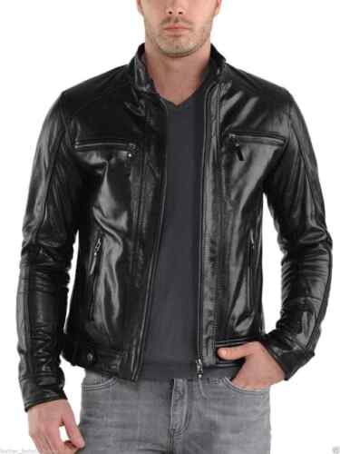 Negro chaqueta de cuero para hombres Cordero Genuino biker Moto Talla XS S M L XL XXL