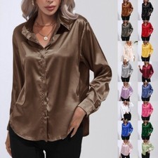 Womens Satin Silk Solid Shirt Ladies Casual Baggy Button-up OL Work Blouse Tops
