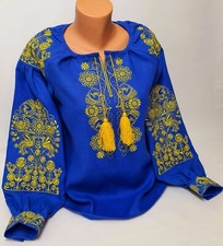 Vyshyvanka Ukrainian Embroidered Blouse blue and yellow Sorochka Tradition shirt