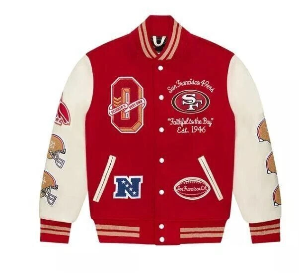San Francisco 49ers OVO Varsity Jacket Leather Sleeves Letterman Style Unisex