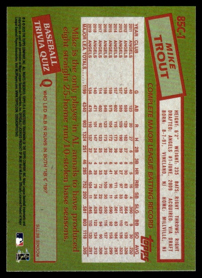 2020 Topps 1985 Chrome Silver Pack Promotion Mike Trout #85C-1 R57 - Image 2 of 2