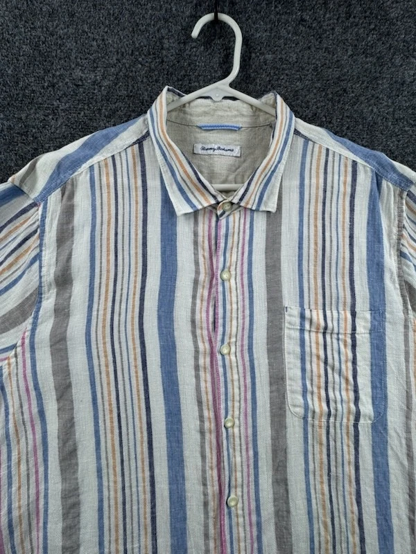 Tommy Bahama Blue Gray Striped Linen 2XL Men Shirt Hawaiian Button Up Casual
