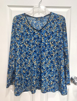 SUSAN GRAVER Multicolor Abstract Top Womens 2X Liquid Knit Faux Leather Neckline