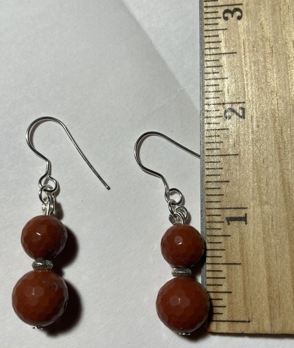 Red Jasper Gemstone Round Sterling Silver Handmade Earrings 1.5 Inch Dangle Drop - Picture 7 of 7