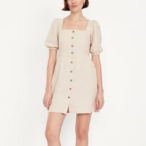 Old Navy Women's NEW with Tags Puff-Sleeve Linen-Blend Mini Dress Neutral Large