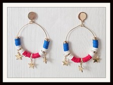 Red White Blue Dangle Star Hoop Earrings Length 2.5  Patriotic