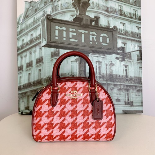 Coach CJ628 Sydney Satchel With Houndstooth Print IN PINK RED - Picture 2 of 8