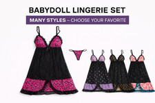 Women  s Babydoll Lingerie Set Lace Chemise Nightgown w/ Thong Multiple Styles