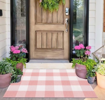 Pink and White Outdoor Rug 24''x35'' Buffalo Plaid Porch Mat Cotton Woven Mac...