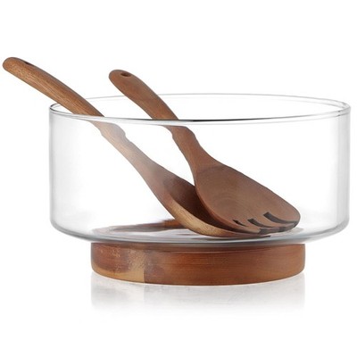 Large Glass Salad Bowl with Wood Utensils Set Serving Bowls Kitchen New