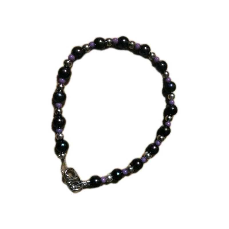 Handmade Wire Bracelet-6.75 in.-Blue Black and Purple Plastic Beads.
