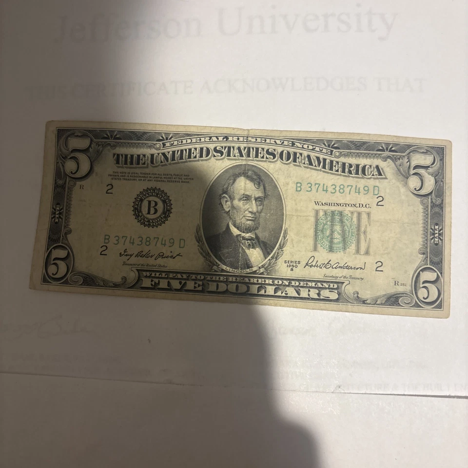 1950 nota de 5 dólares da Reserva Federal série b. Série # inclui 3 pares. - Imagem 2 de 4