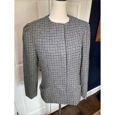 Vintage Houndstooth Wool Blazer Collarless Plaid Jacket Puffed Shoulder Size M