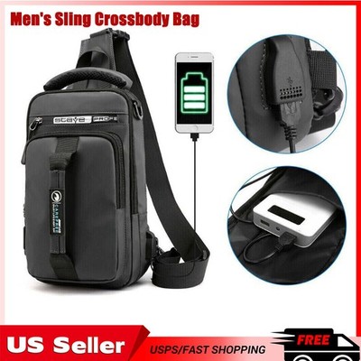 Men's Crossbody Backpack Anti-theft Chest Shoulder Messenger Bag USB Ports NEW