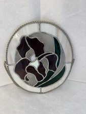 Vintage Leaded Stained Glass Sun Catcher Iris Floral Handcrafted Hanging Art