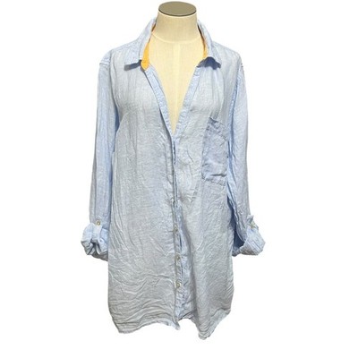 Sigrid Olsen Linen Beach Coastal Vacation Button Up Long Sleeve Roll Tab Shirt