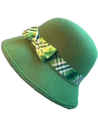 St Patrick s Day Green Felt Wide Brim Fedora Bowler Hat with Plaid Ribbon Bow