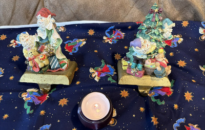 (2)Santa s Workbench Christmas Hand Crafted Stocking Holder Cast Iron Elves&Bear