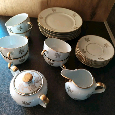 Altes Dresdner Kunst Export Kaffeeservice für 6 Personen mit Goldrand