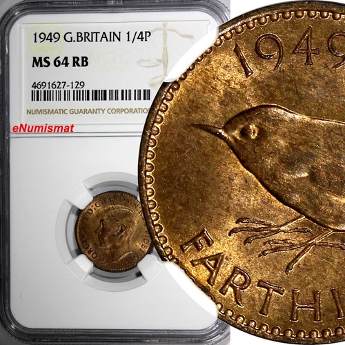 Great Britain George VI Bronze 1949 Farthing NGC MS64 RB 1st Date KM# 867 (29)