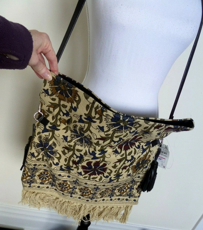 NWT ZARA Shoulder Crossbody Cotton Bag Fringe Calf Leather Beige Floral Medium  - Image 4 of 4