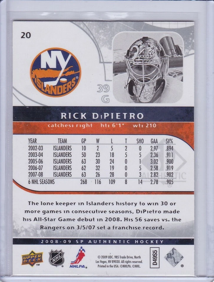 Rick DiPietro 2008 SP Authentic Hockey Card 20 - Image 2 of 2