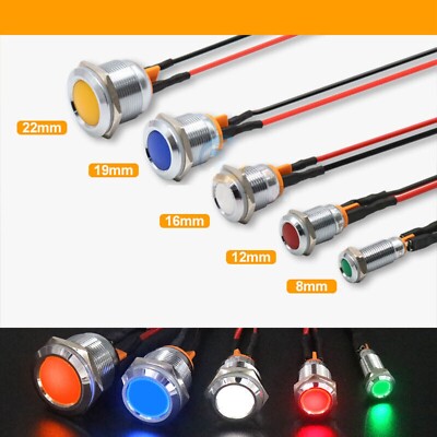 8mm 12mm 16mm 19mm 22mm Metal LED Signal Warning Light Lamp Waterproof 5 Colors