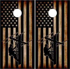 Lineman American Flag Burnt Wood Cornhole Wrap Bag Toss Skin Decal Sticker Wraps